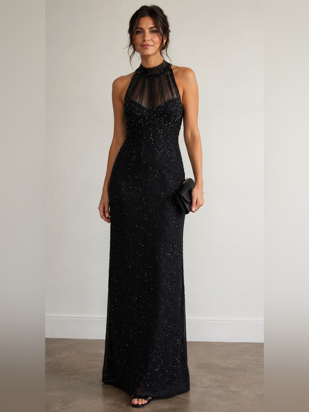 Laurence Kazar Black Beaded Halter Maxi Dress